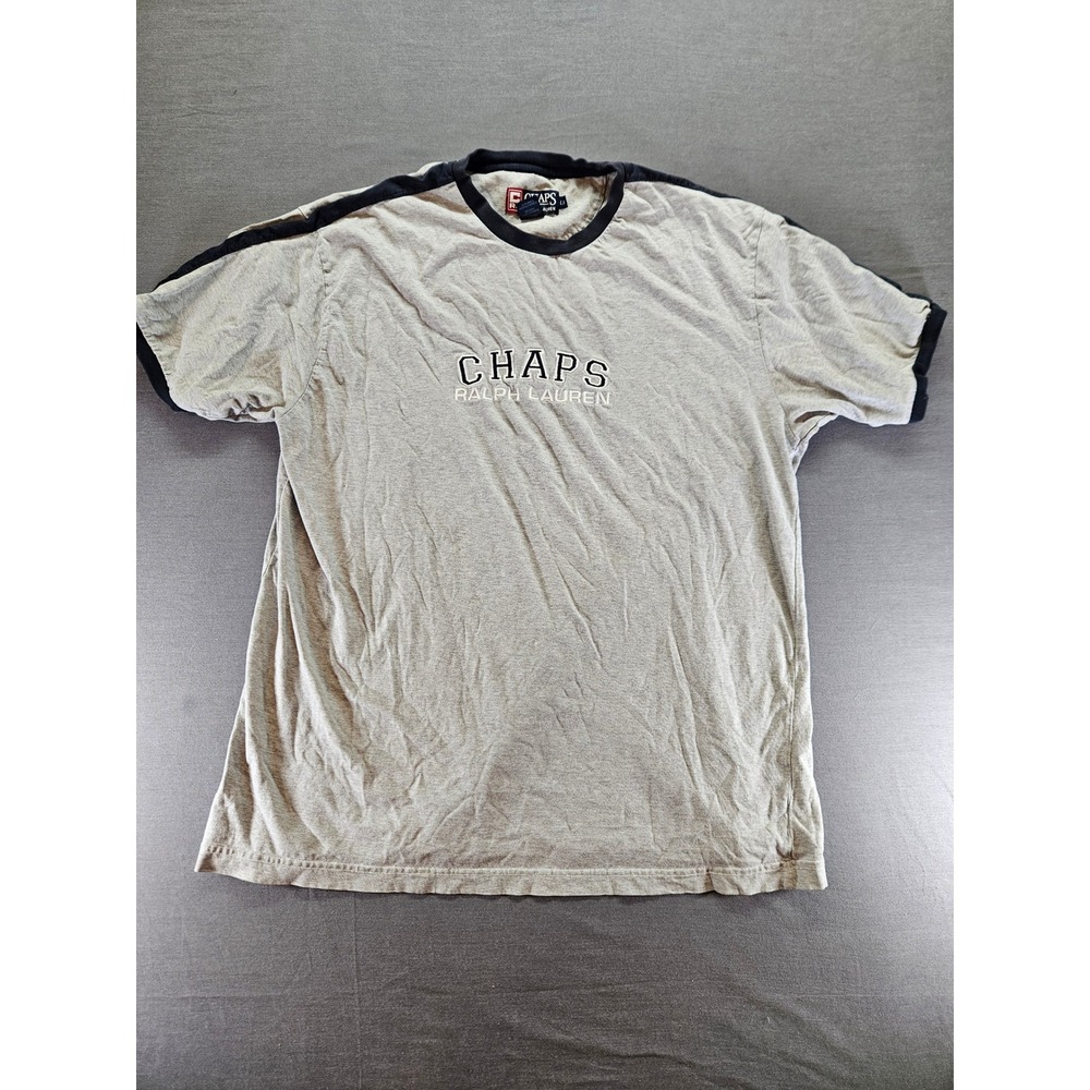 Chaps Ralph Lauren Mens Large Ringer T-Shirt Gray Navy Blue Embroidered Logo Tee